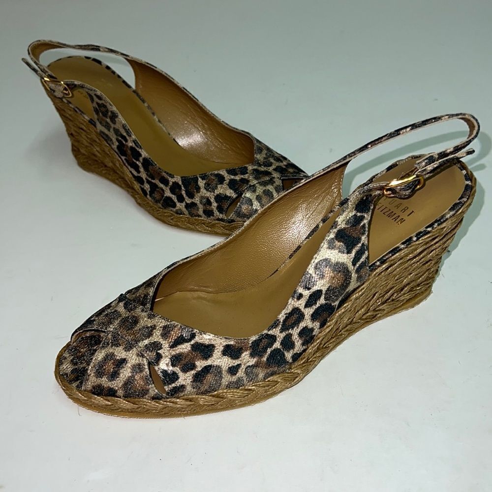 Stuart Weitzman Brown Leopard‎ Print Sling Back Espadrille Wedges 8M D15 - Picture 2 of 9